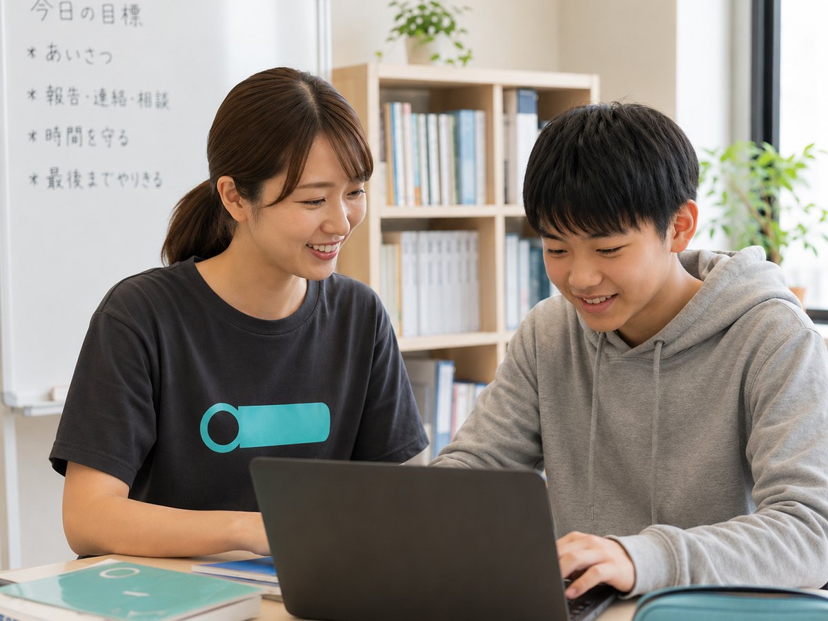 スタッフと一緒にパソコンに取り組む生徒
