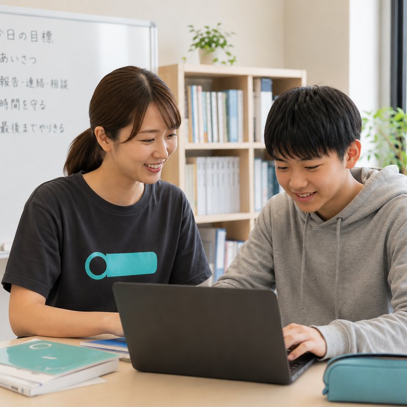 スタッフと一緒にパソコンに取り組む生徒